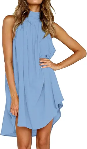 Women's Casual Tie Back Halter Neck Flared Hem Flowy Pleated Beach Sundress Sleeveless Summer A Dresses for Juniors