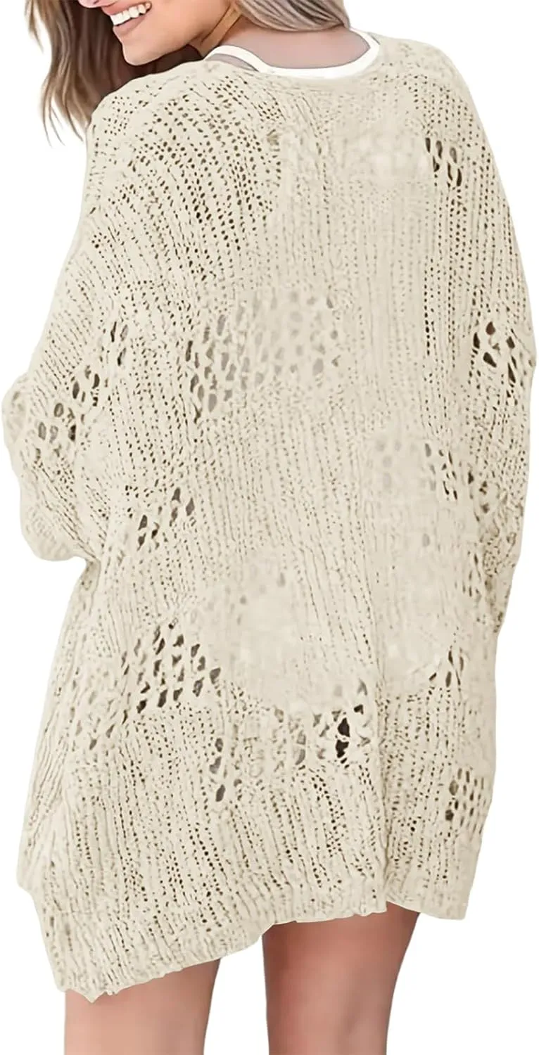 Womens Crochet Cardigan Sweater Summer Boho Long Sleeve Lightweight Soft Oversized Open Front Knitted Tops
