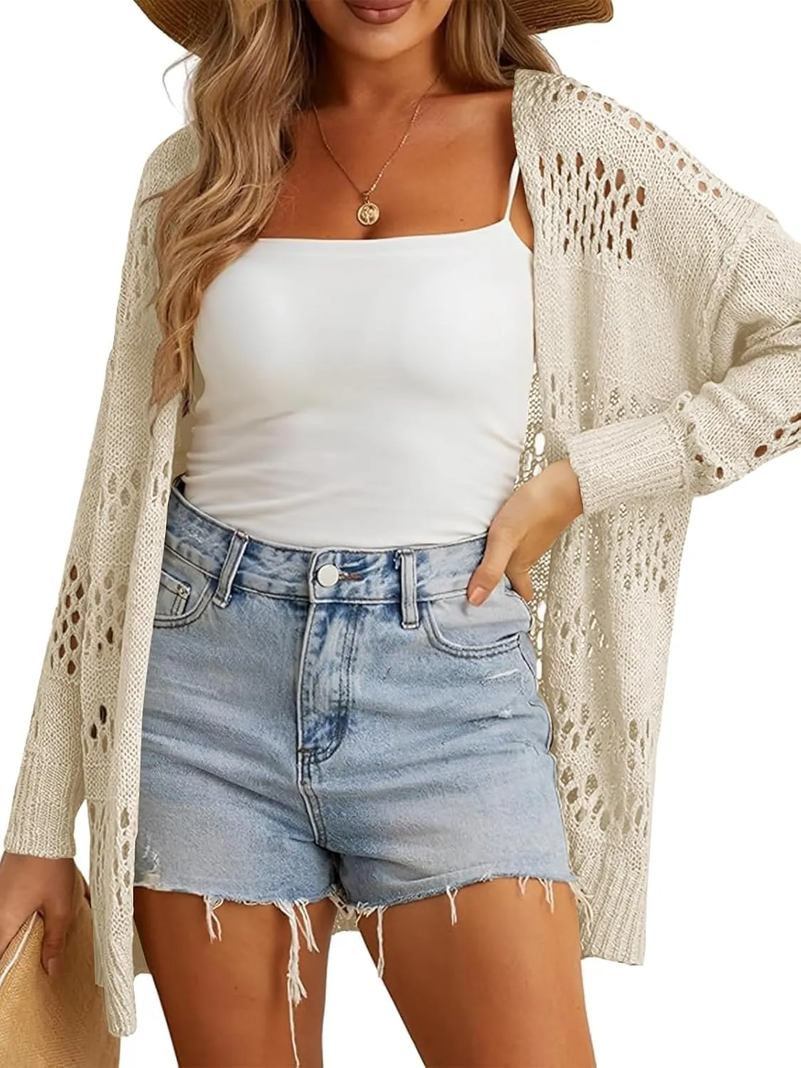 Womens Crochet Cardigan Sweater Summer Boho Long Sleeve Lightweight Soft Oversized Open Front Knitted Tops
