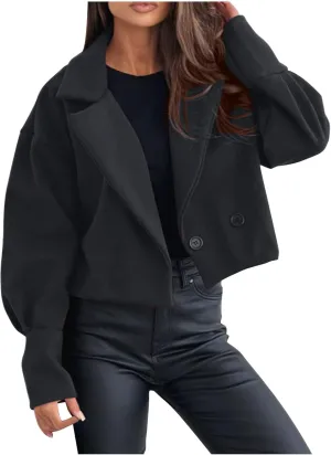 Womens Cropped Coat Wool Blend Long Sleeve Lapel Collar Solid Pea Coat Baggy Comfy Business Office Work Outerwear