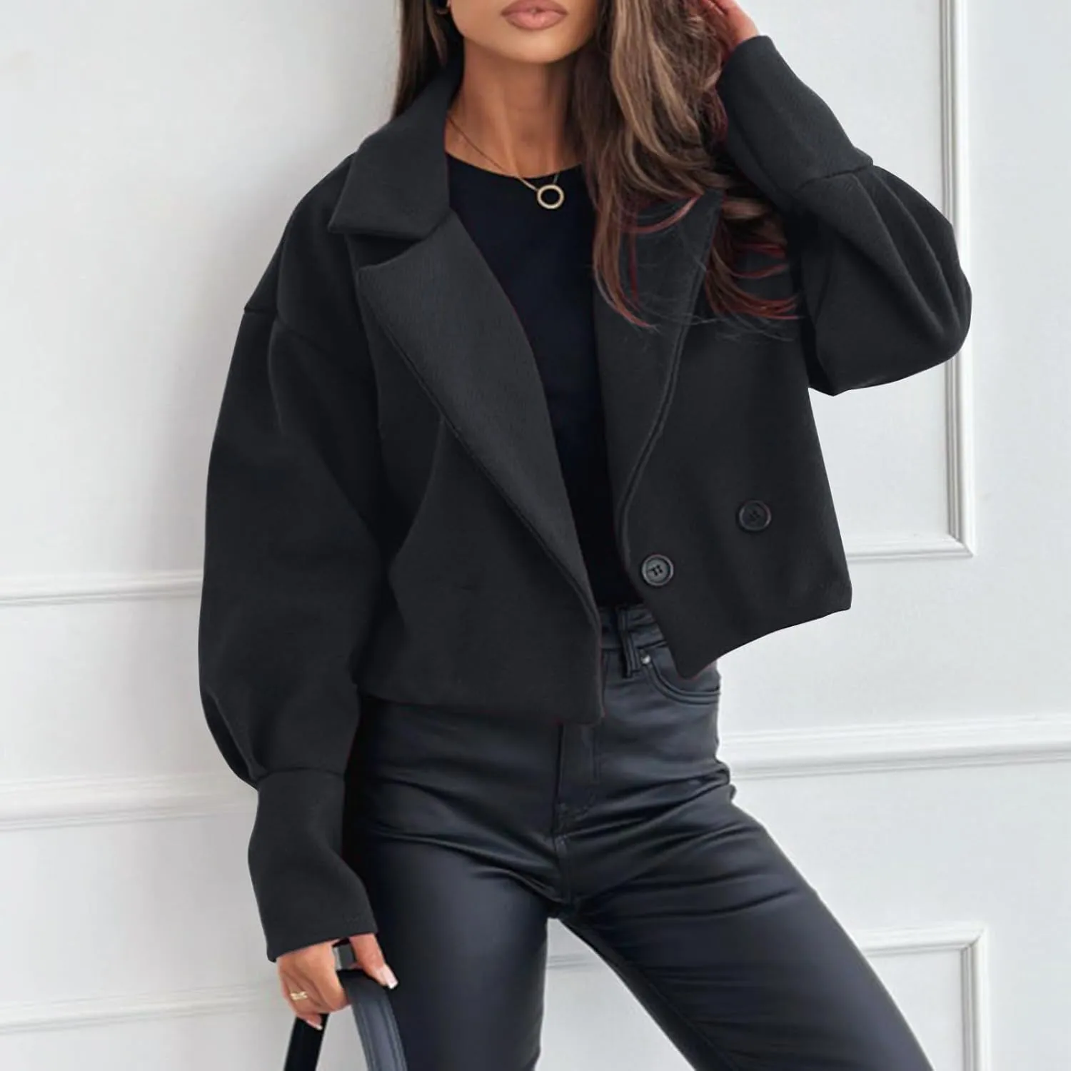 Womens Cropped Coat Wool Blend Long Sleeve Lapel Collar Solid Pea Coat Baggy Comfy Business Office Work Outerwear