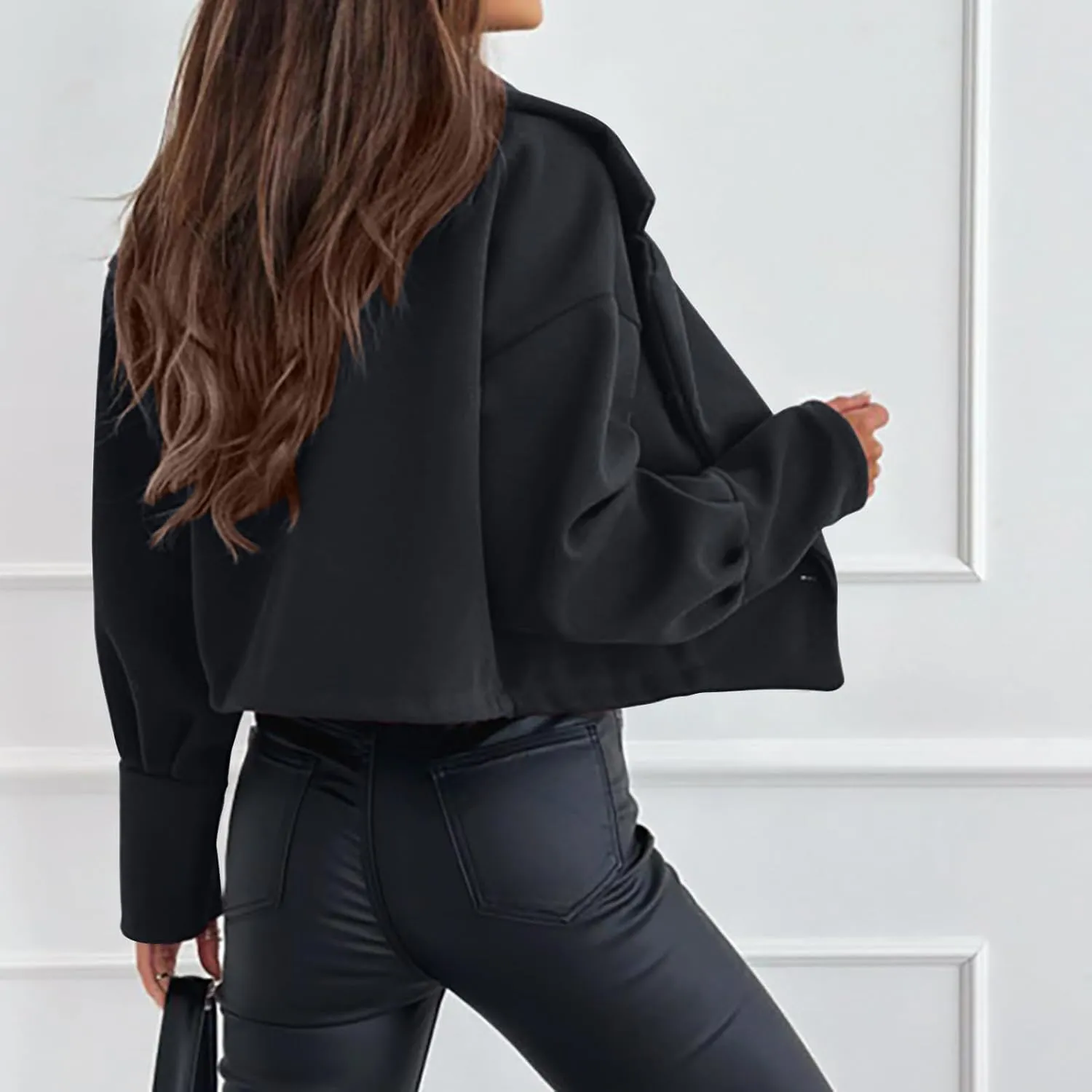 Womens Cropped Coat Wool Blend Long Sleeve Lapel Collar Solid Pea Coat Baggy Comfy Business Office Work Outerwear