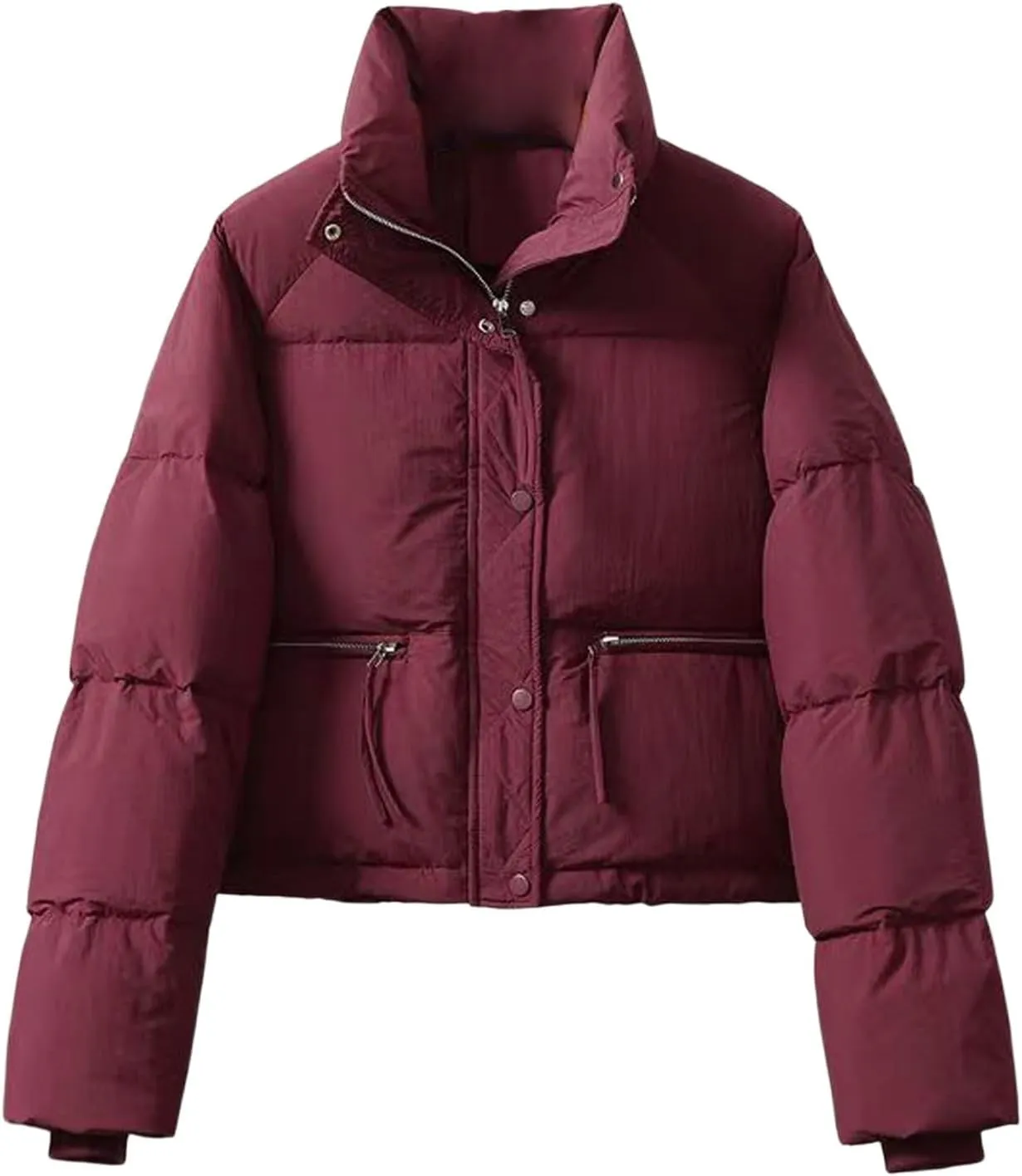 Women's Cropped Puffer Jackets Trendy Long Sleeve Zipper Down Jacket 2024 Winter Warm Quilted Short Down Coat Pockets