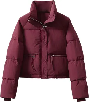 Women's Cropped Puffer Jackets Trendy Long Sleeve Zipper Down Jacket 2024 Winter Warm Quilted Short Down Coat Pockets