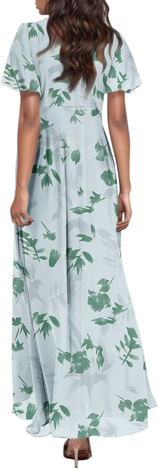 Women's Floral Print Chiffon Dress - Blue, Size S, Midi Length, Spring/Summer