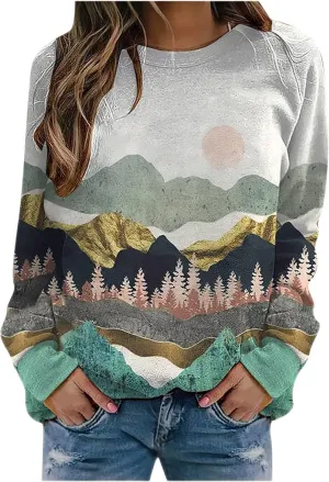 Women's Landscape Print Sweater Fall Winter T-Shirt Long Sleeve Mountain Printed Sweatshirts Loose O-Neck