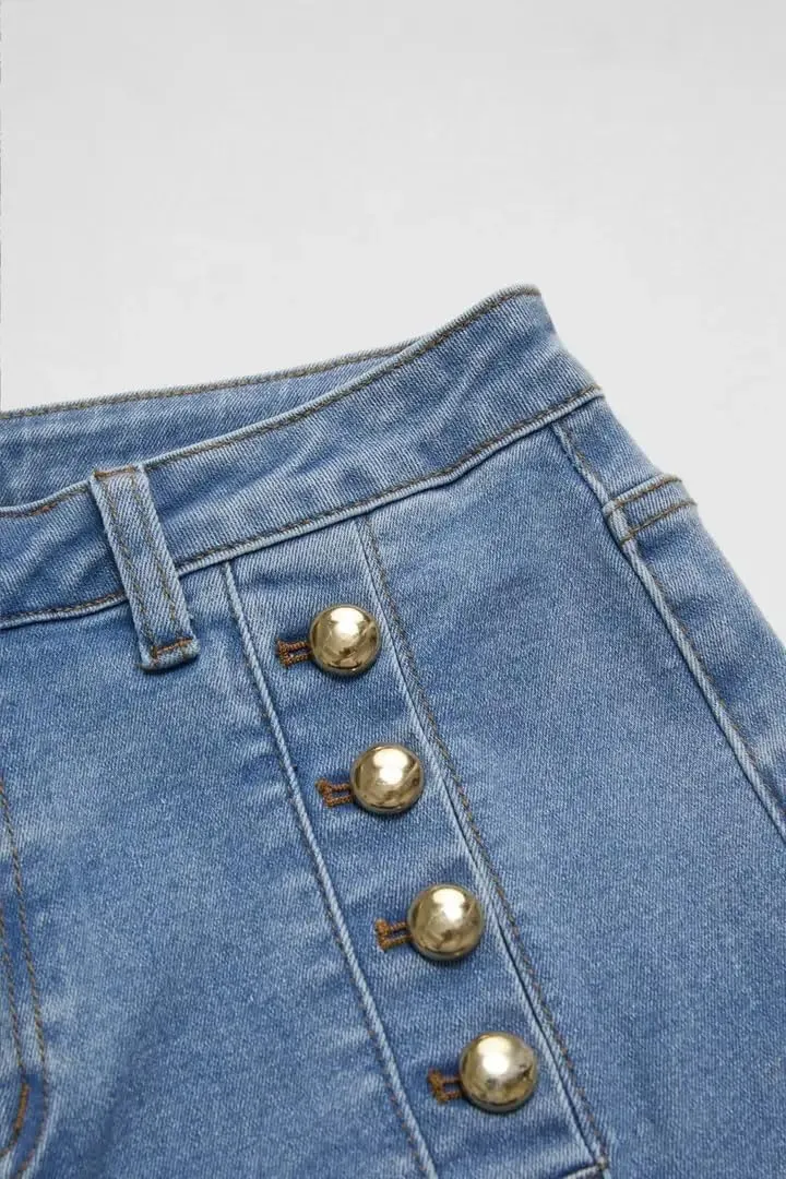 Women's Low Waist Double Breasted Stitch Detail Symmetry Button Stretch Flare Jeans Denim Trousers