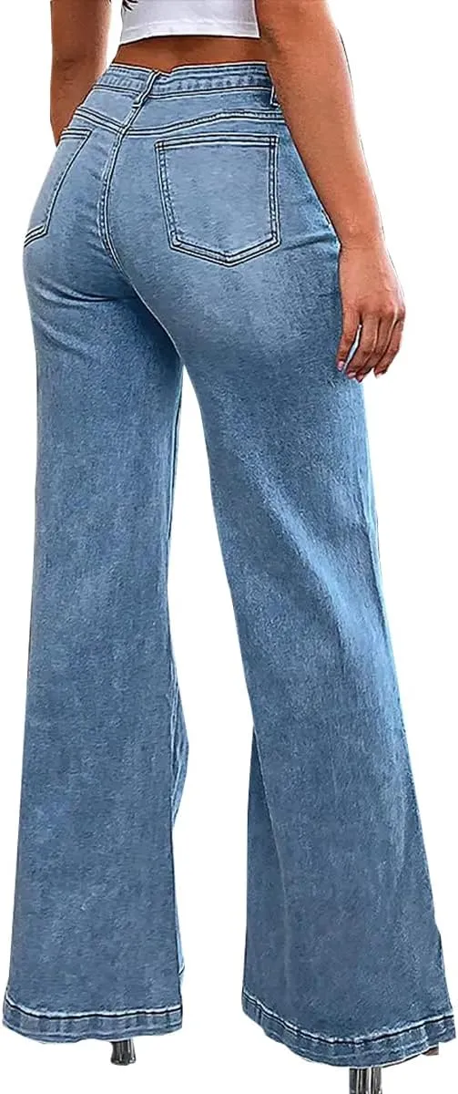 Women's Low Waist Double Breasted Stitch Detail Symmetry Button Stretch Flare Jeans Denim Trousers