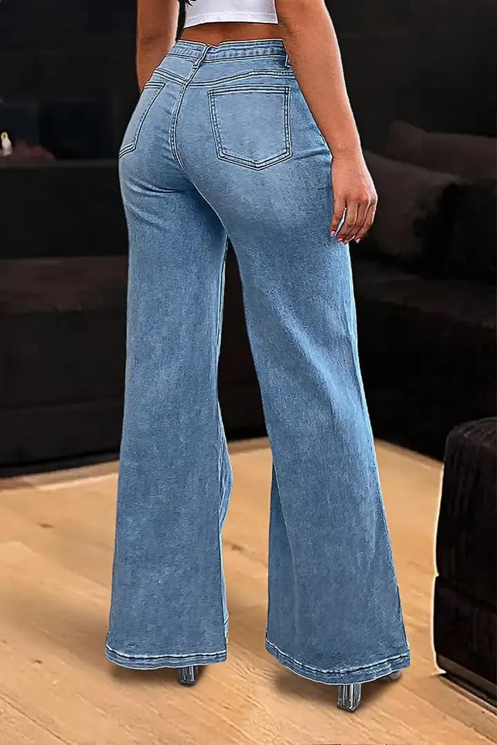 Women's Low Waist Double Breasted Stitch Detail Symmetry Button Stretch Flare Jeans Denim Trousers