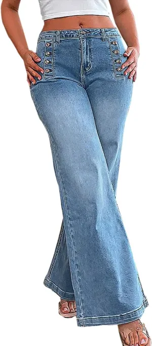 Women's Low Waist Double Breasted Stitch Detail Symmetry Button Stretch Flare Jeans Denim Trousers