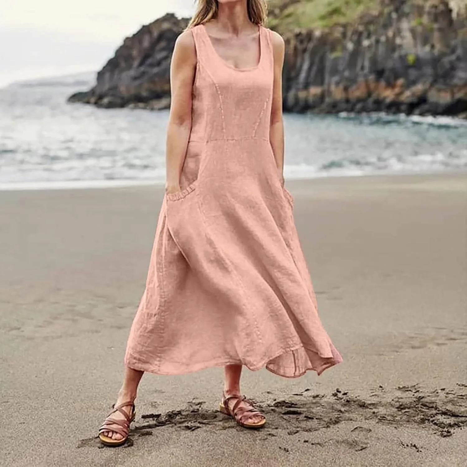 Womens Maxi Dresses Summer Casual Print Boho Cotton Linen Sundress with Pockets Loose Flowy Swing Vacation Long Dress