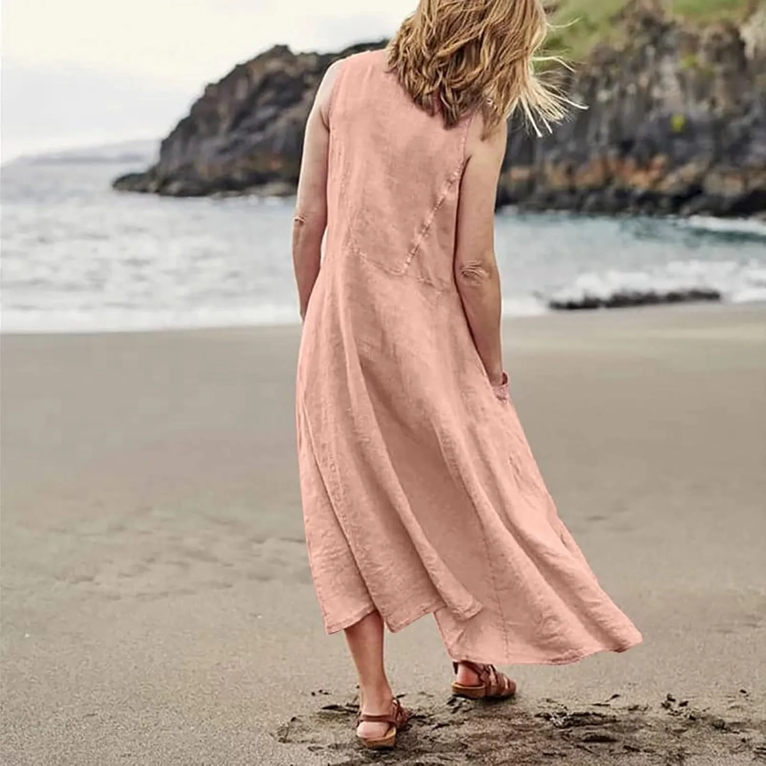 Womens Maxi Dresses Summer Casual Print Boho Cotton Linen Sundress with Pockets Loose Flowy Swing Vacation Long Dress