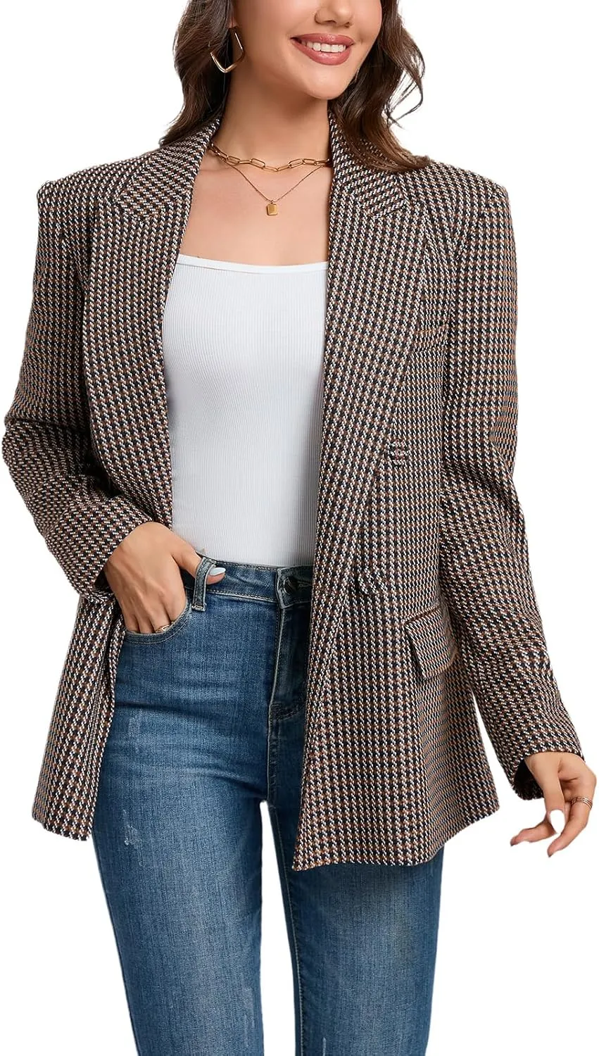 Women's Oversized Blazer Jacket Double-Breasted Suit with Pockets Long Sleeve Outfit for Business Work Office Casual