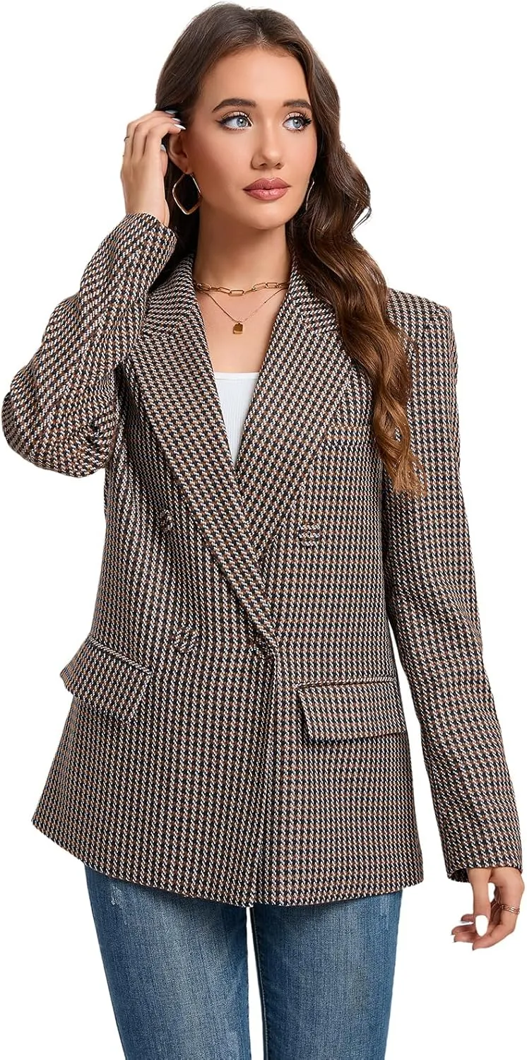 Women's Oversized Blazer Jacket Double-Breasted Suit with Pockets Long Sleeve Outfit for Business Work Office Casual