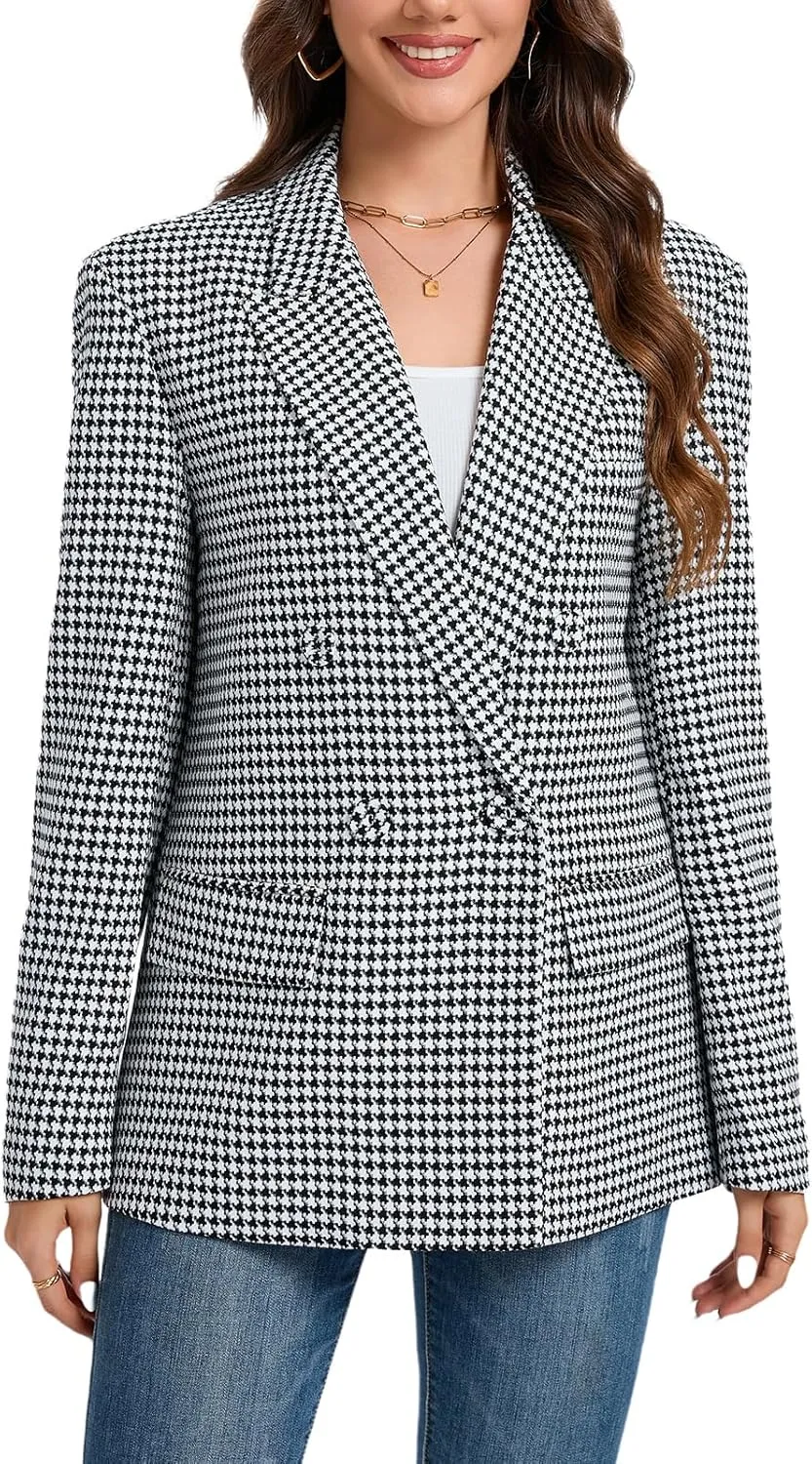 Women's Oversized Blazer Jacket Double-Breasted Suit with Pockets Long Sleeve Outfit for Business Work Office Casual