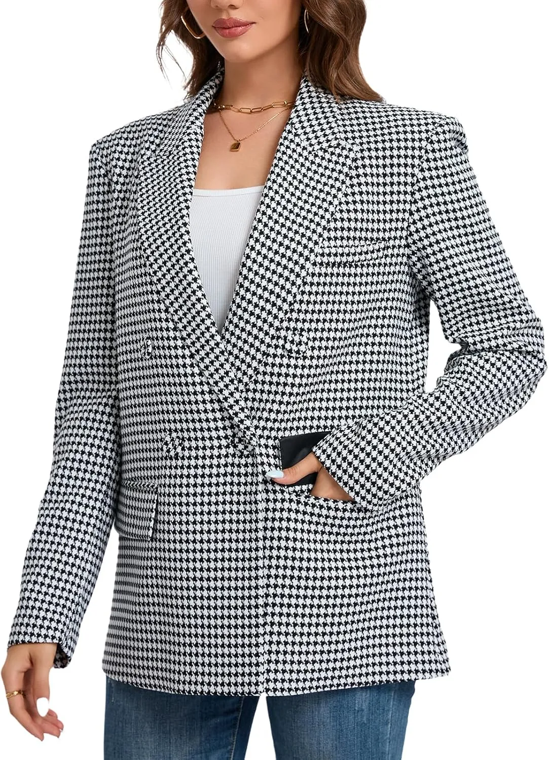 Women's Oversized Blazer Jacket Double-Breasted Suit with Pockets Long Sleeve Outfit for Business Work Office Casual