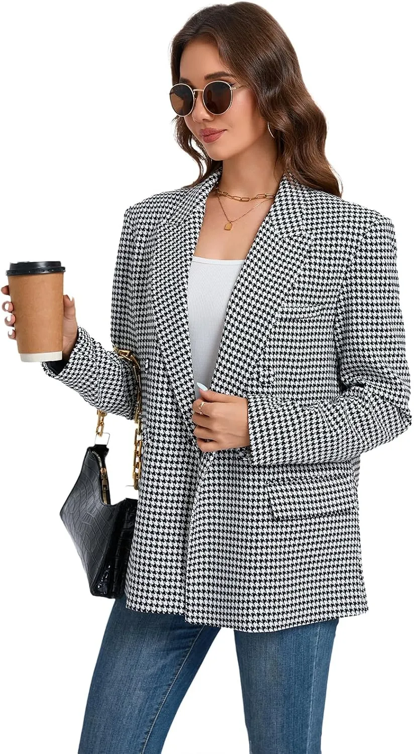 Women's Oversized Blazer Jacket Double-Breasted Suit with Pockets Long Sleeve Outfit for Business Work Office Casual