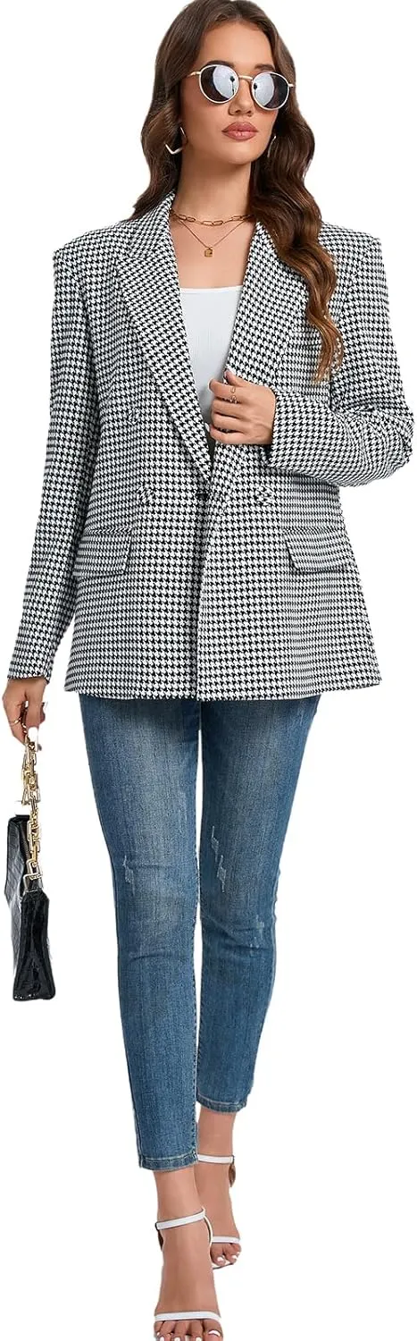 Women's Oversized Blazer Jacket Double-Breasted Suit with Pockets Long Sleeve Outfit for Business Work Office Casual