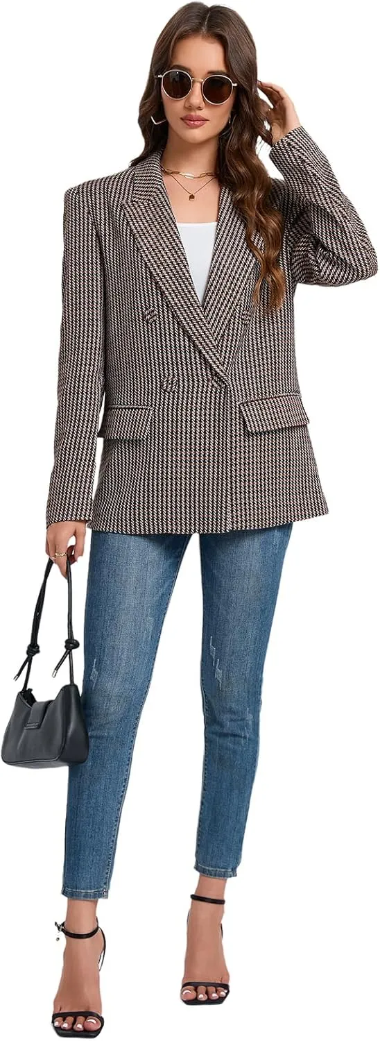 Women's Oversized Blazer Jacket Double-Breasted Suit with Pockets Long Sleeve Outfit for Business Work Office Casual