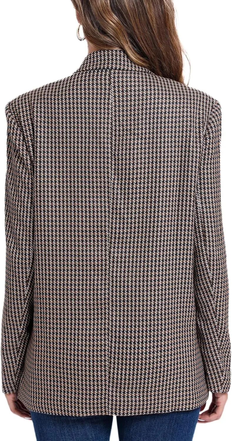 Women's Oversized Double-Breasted Suit Blazer Jacket Top Stitch Long Sleeve Casual Work Office Blazer with Pockets