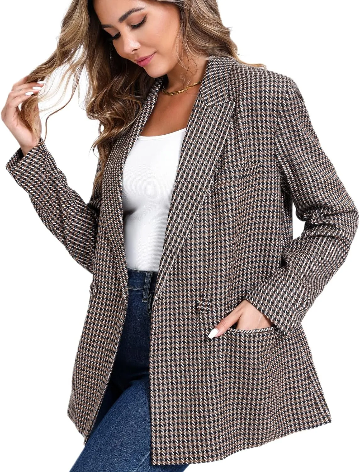 Women's Oversized Double-Breasted Suit Blazer Jacket Top Stitch Long Sleeve Casual Work Office Blazer with Pockets