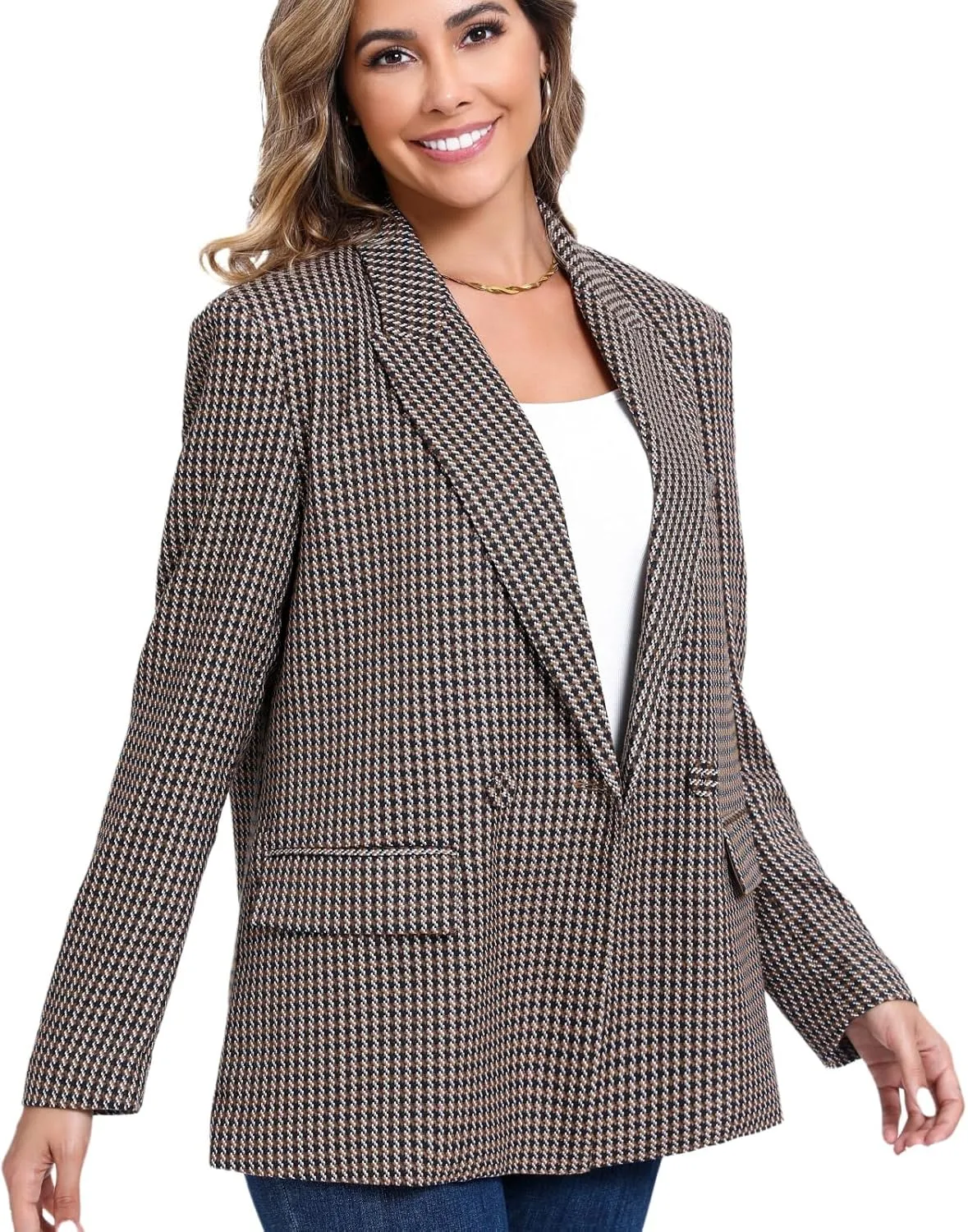 Women's Oversized Double-Breasted Suit Blazer Jacket Top Stitch Long Sleeve Casual Work Office Blazer with Pockets