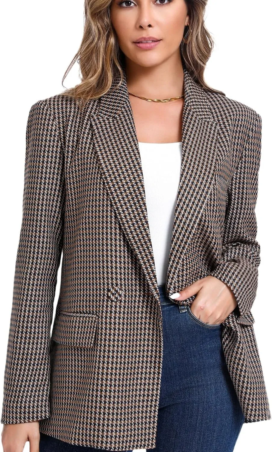 Women's Oversized Double-Breasted Suit Blazer Jacket Top Stitch Long Sleeve Casual Work Office Blazer with Pockets