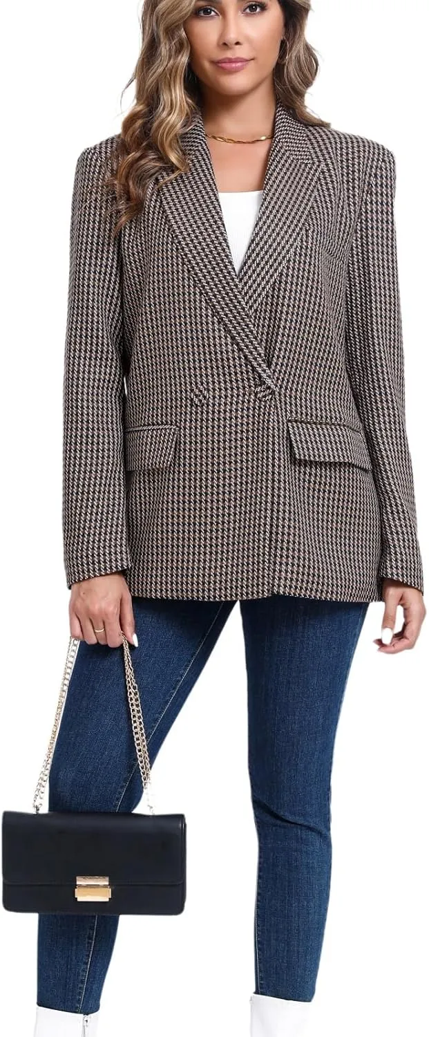 Women's Oversized Double-Breasted Suit Blazer Jacket Top Stitch Long Sleeve Casual Work Office Blazer with Pockets