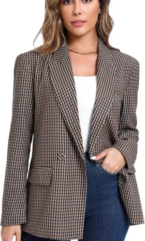 Women's Oversized Double-Breasted Suit Blazer Jacket Top Stitch Long Sleeve Casual Work Office Blazer with Pockets
