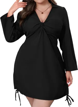 Womens Plus Size Dress Long Sleeve V Neck A Line Mini Short Cocktail Summer Casual Dress