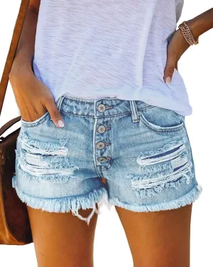 Women's Ripped Denim Jean Shorts Mid Rise Summer Hot Raw Hem Casual Shorts