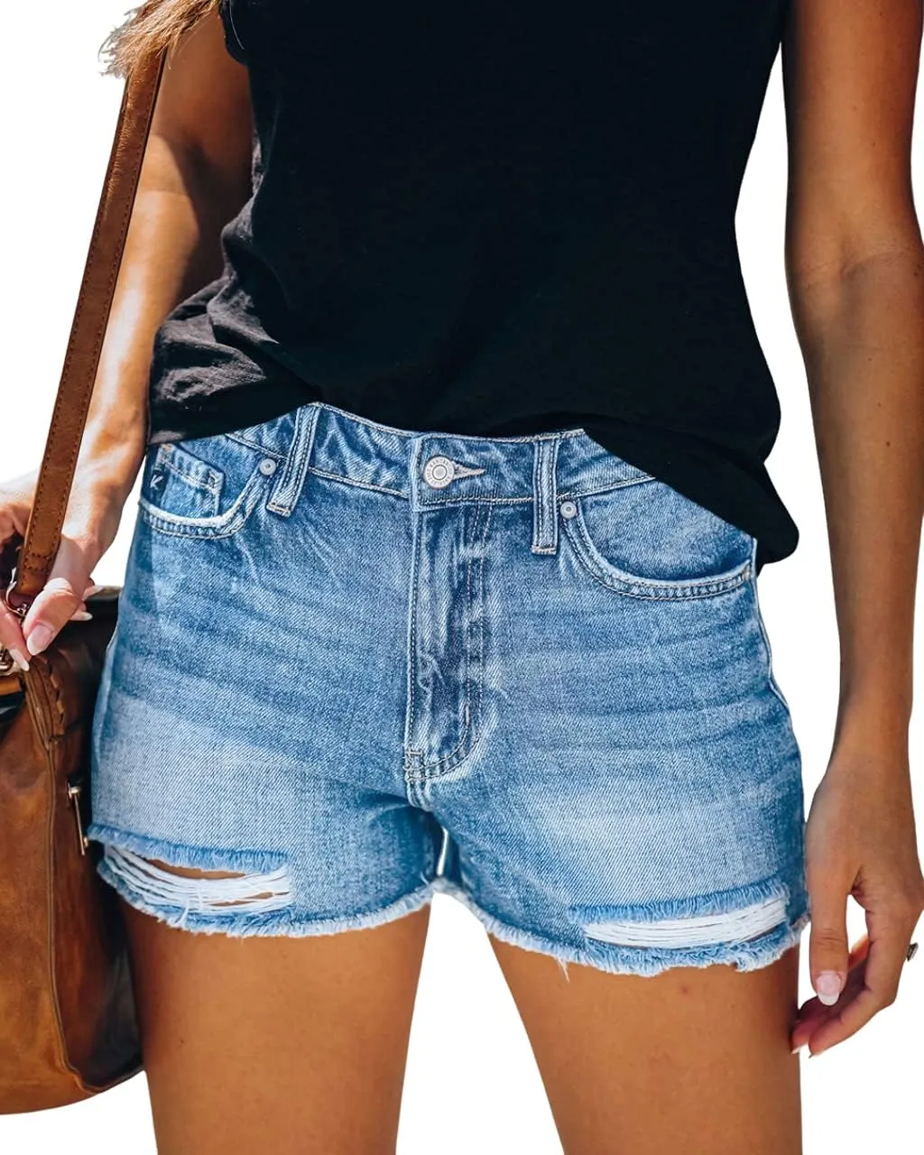 Women's Ripped Denim Jean Shorts Mid Rise Summer Hot Raw Hem Casual Shorts