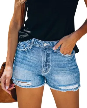 Women's Ripped Denim Jean Shorts Mid Rise Summer Hot Raw Hem Casual Shorts