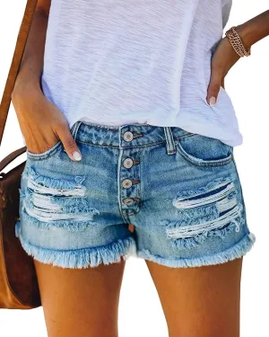 Women's Ripped Denim Jean Shorts Mid Rise Summer Hot Raw Hem Casual Shorts