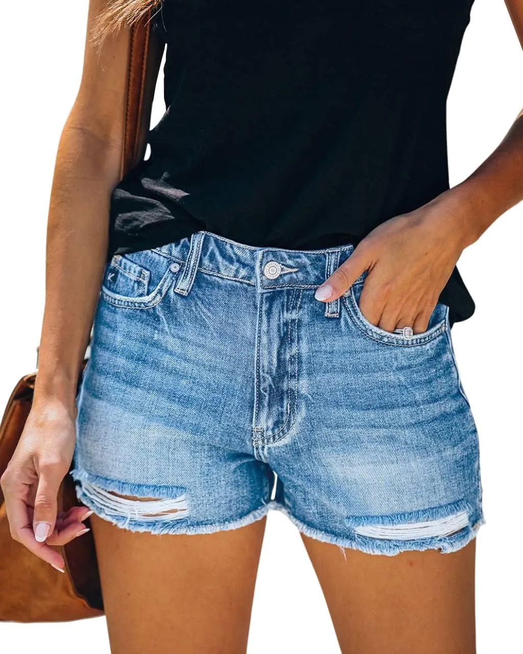 Women's Ripped Denim Jean Shorts Mid Rise Summer Hot Raw Hem Casual Shorts