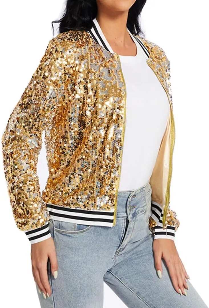 Womens Sequin Jacket Party Festival Outfit Long Sleeve Zipper Up Stylish Glitter Blazer Bomber Jacket