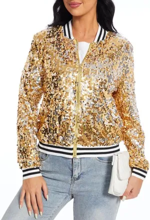 Womens Sequin Jacket Party Festival Outfit Long Sleeve Zipper Up Stylish Glitter Blazer Bomber Jacket