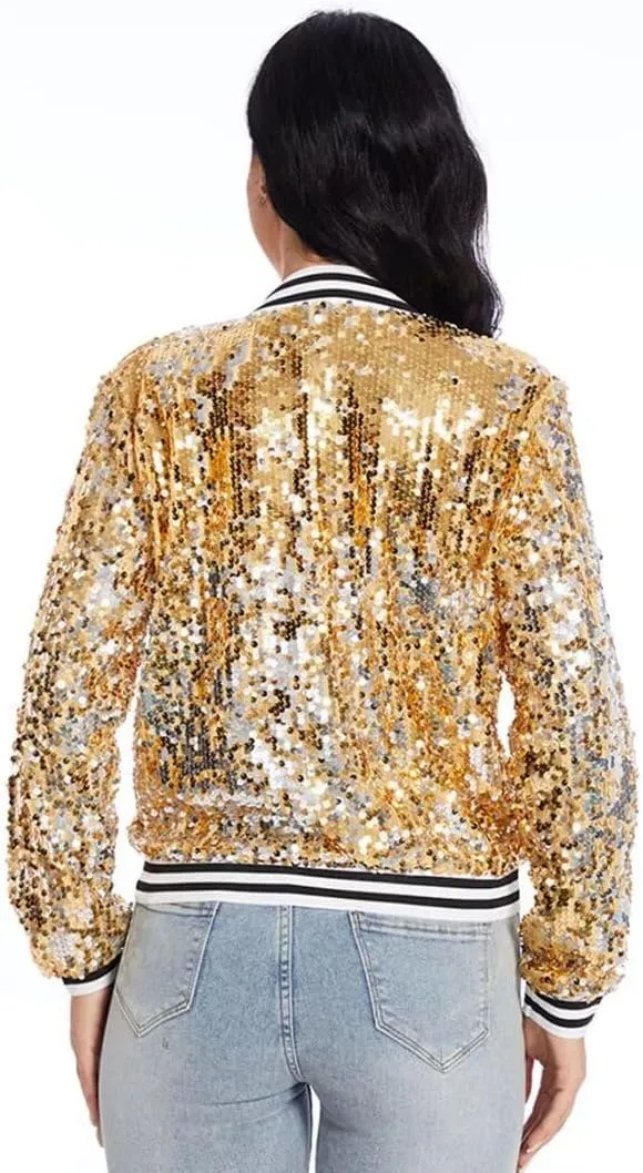 Womens Sequin Jacket Party Festival Outfit Long Sleeve Zipper Up Stylish Glitter Blazer Bomber Jacket