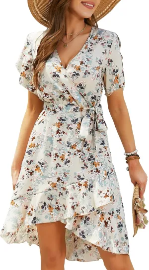 Womens Summer Dress 2025 Floral Boho Dress Wrap V Neck Short Sleeve Ruffle A Line Flowy High Low Midi Dresses