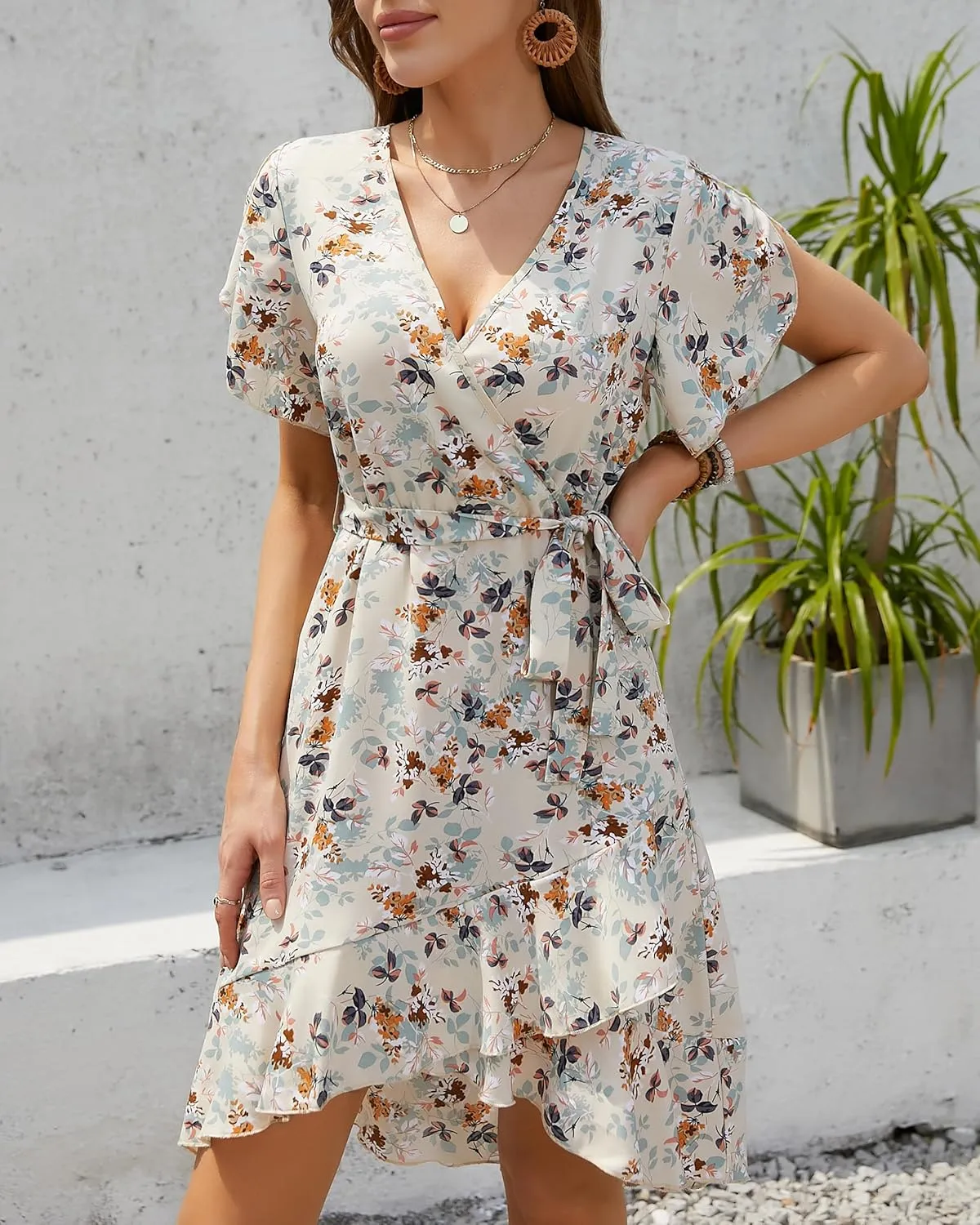 Womens Summer Dress 2025 Floral Boho Dress Wrap V Neck Short Sleeve Ruffle A Line Flowy High Low Midi Dresses