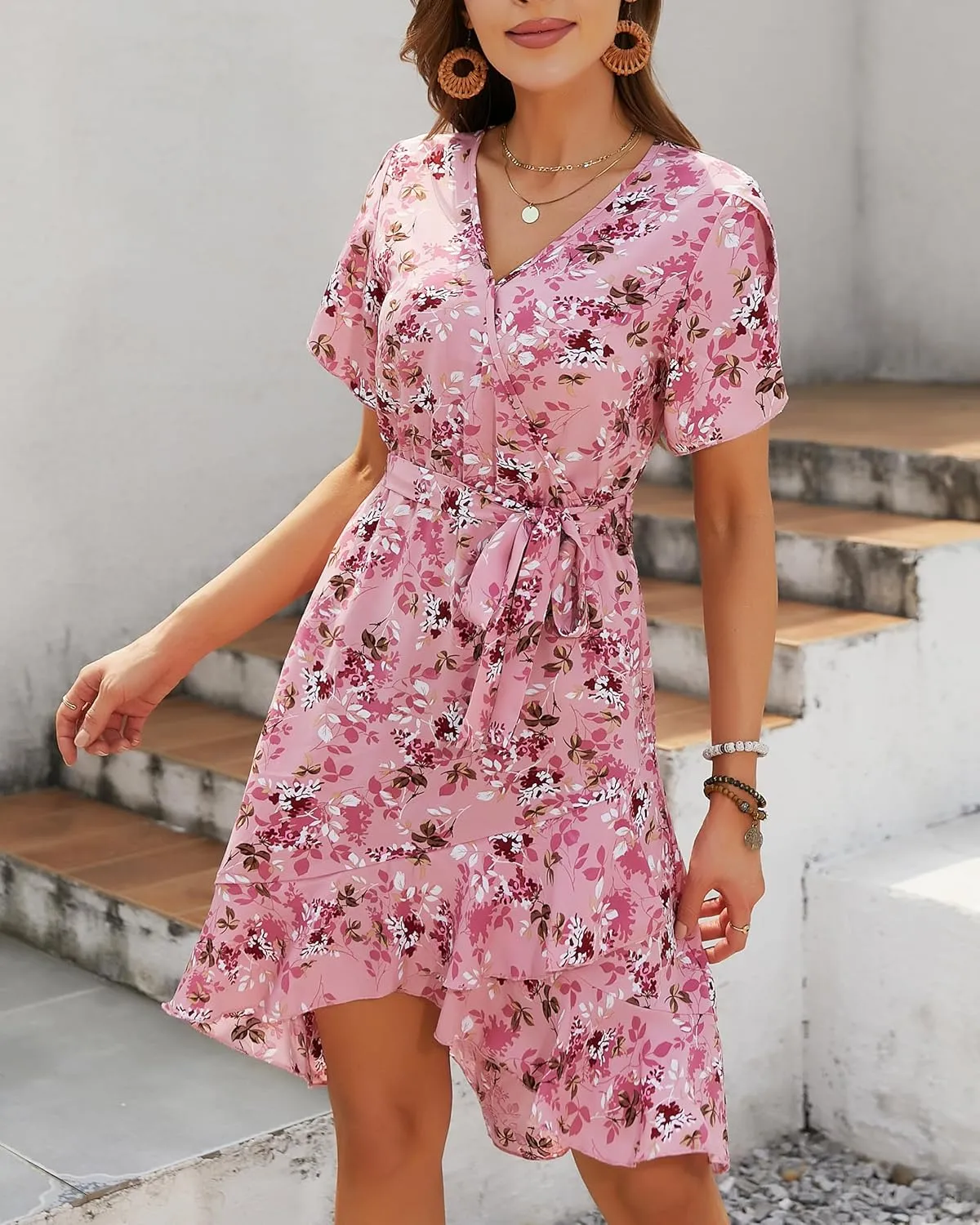 Womens Summer Dress 2025 Floral Boho Dress Wrap V Neck Short Sleeve Ruffle A Line Flowy High Low Midi Dresses