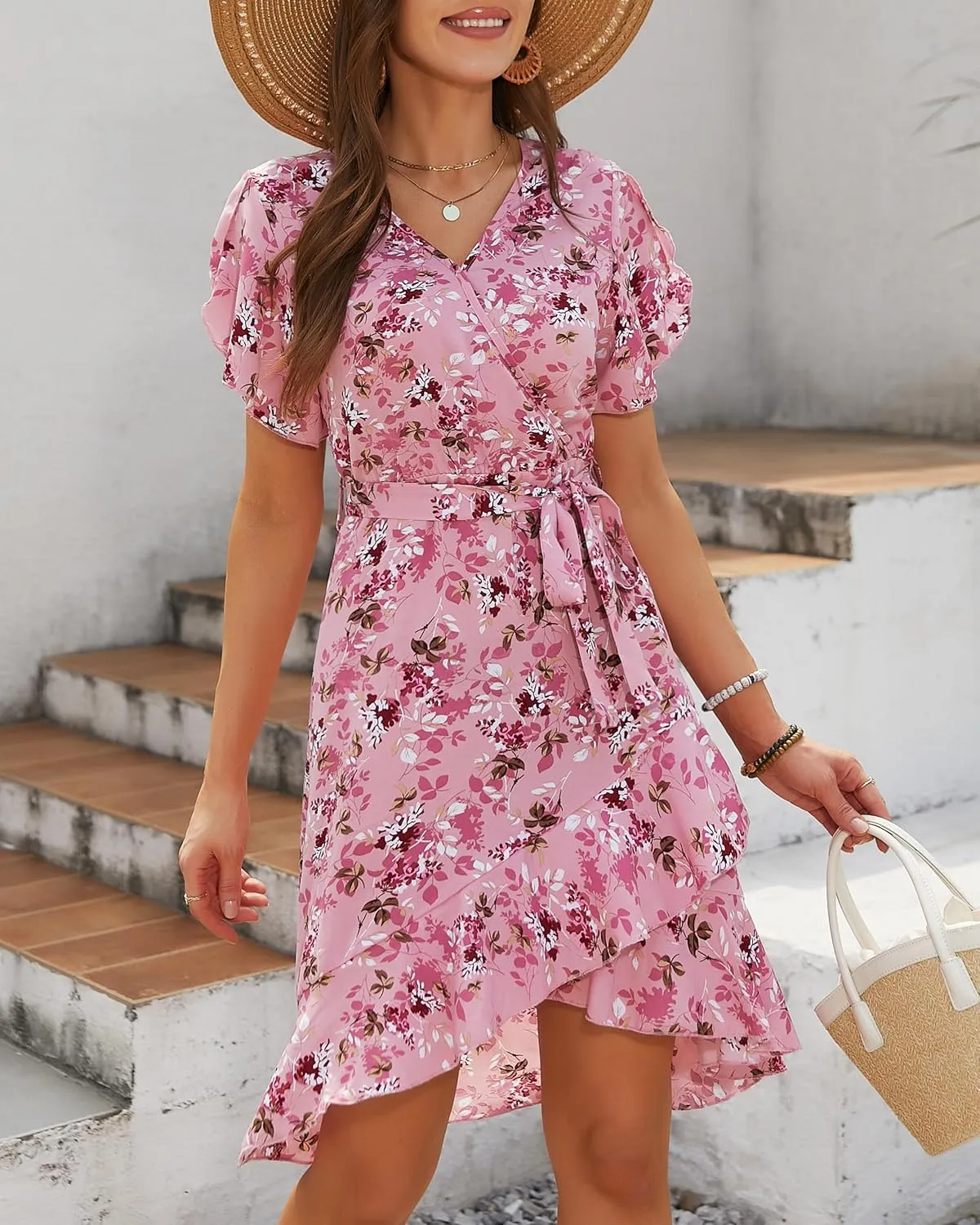 Womens Summer Dress 2025 Floral Boho Dress Wrap V Neck Short Sleeve Ruffle A Line Flowy High Low Midi Dresses
