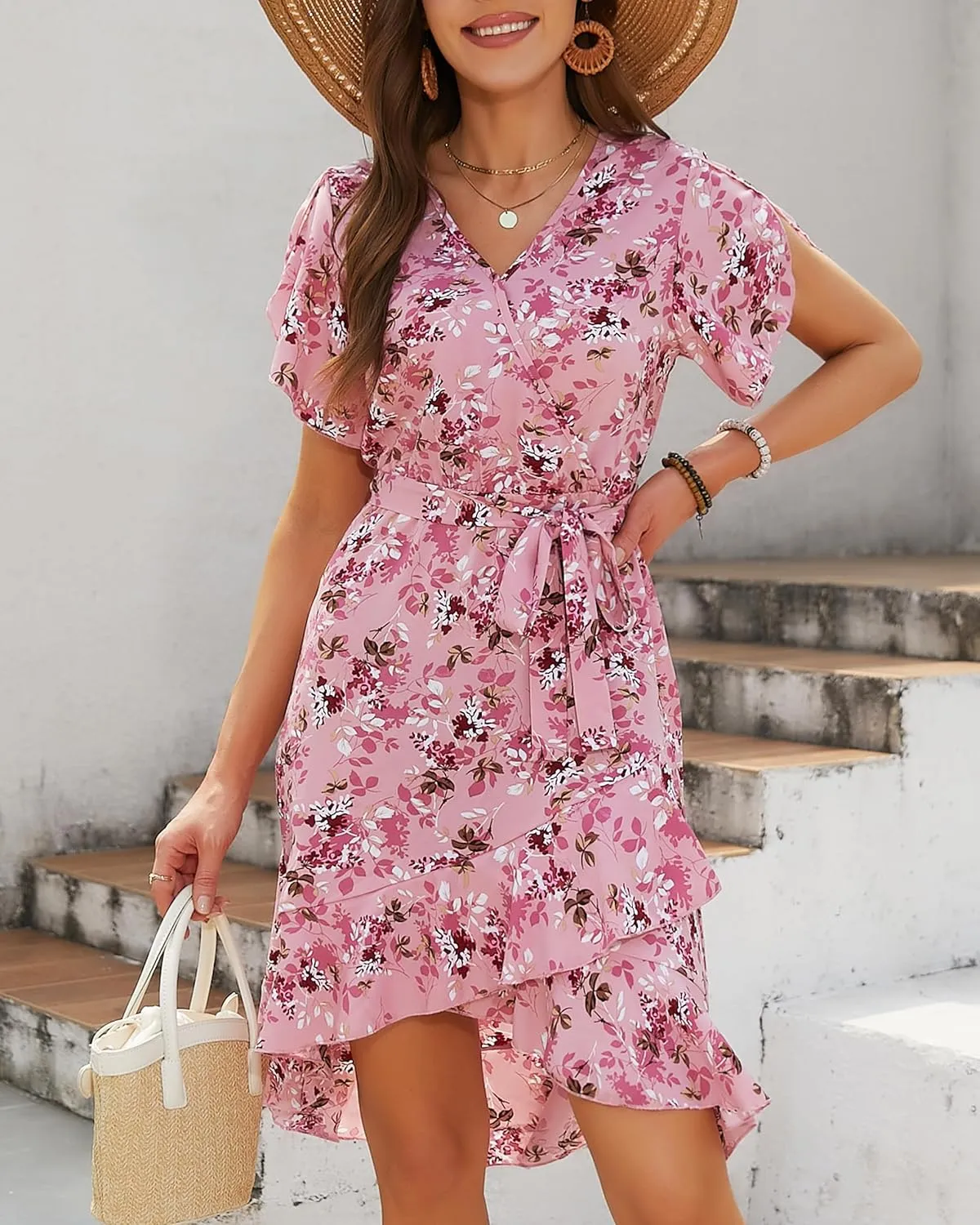 Womens Summer Dress 2025 Floral Boho Dress Wrap V Neck Short Sleeve Ruffle A Line Flowy High Low Midi Dresses