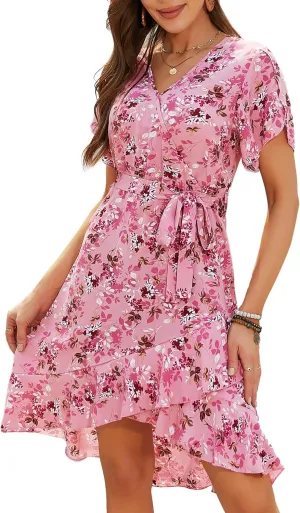 Womens Summer Dress 2025 Floral Boho Dress Wrap V Neck Short Sleeve Ruffle A Line Flowy High Low Midi Dresses