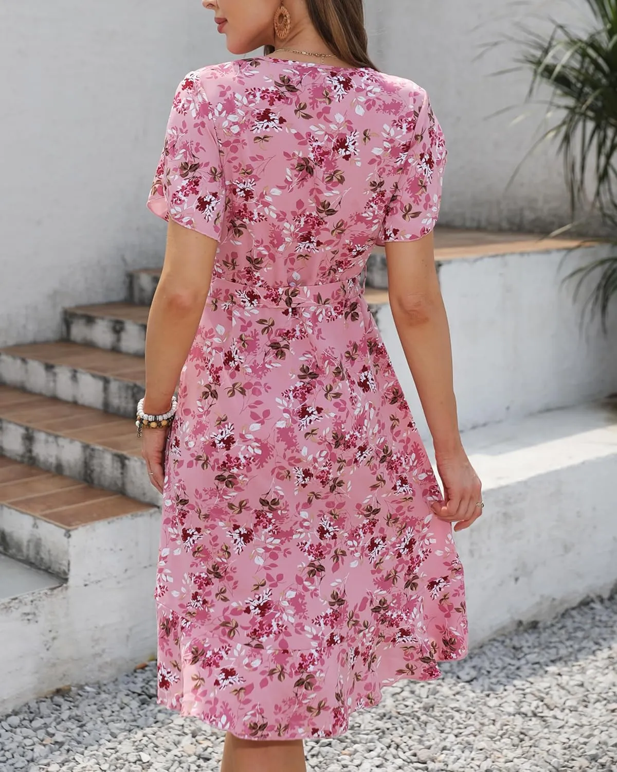 Womens Summer Dress 2025 Floral Boho Dress Wrap V Neck Short Sleeve Ruffle A Line Flowy High Low Midi Dresses