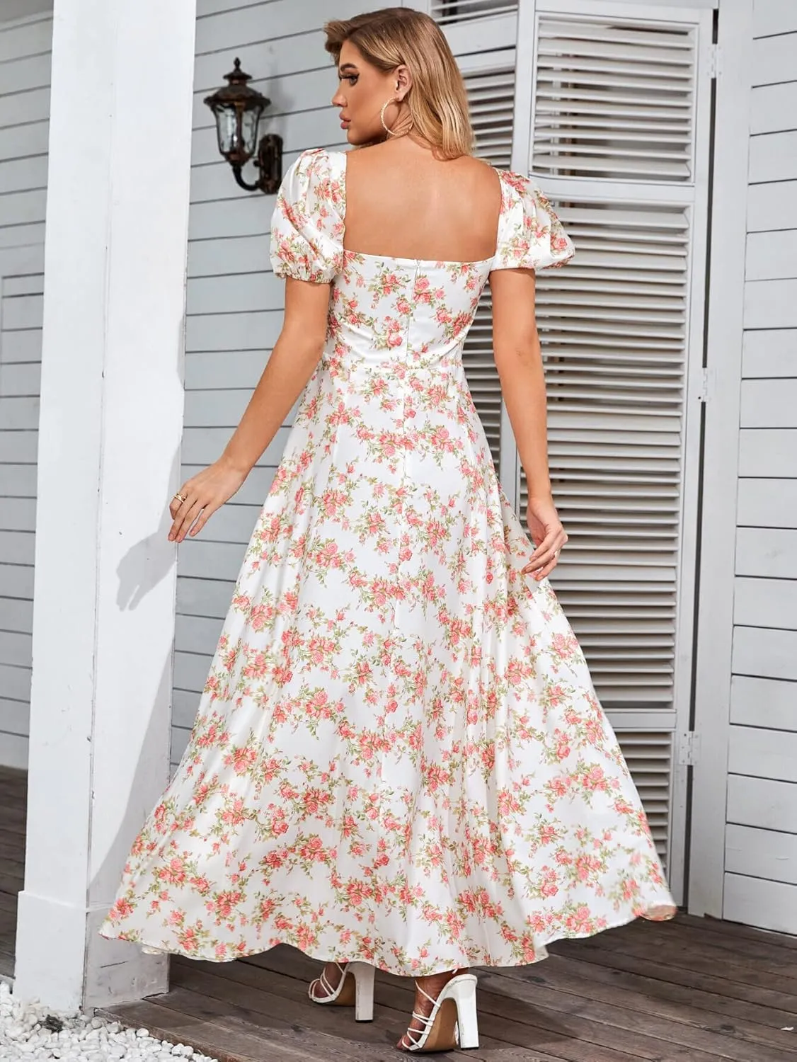 Women's Summer Puff Sleeve Floral Split Maxi Dress Flowy A Line Casual Beach Long Dresses 2025