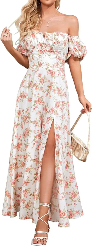 Women's Summer Puff Sleeve Floral Split Maxi Dress Flowy A Line Casual Beach Long Dresses 2025