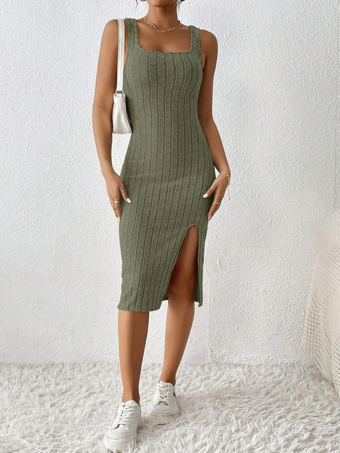 Womens Summer Tank Dress Casual Sleeveless Square Neck Dresses Bodycon Side Slit Sundress Midi Ribbed Sweater Dresses