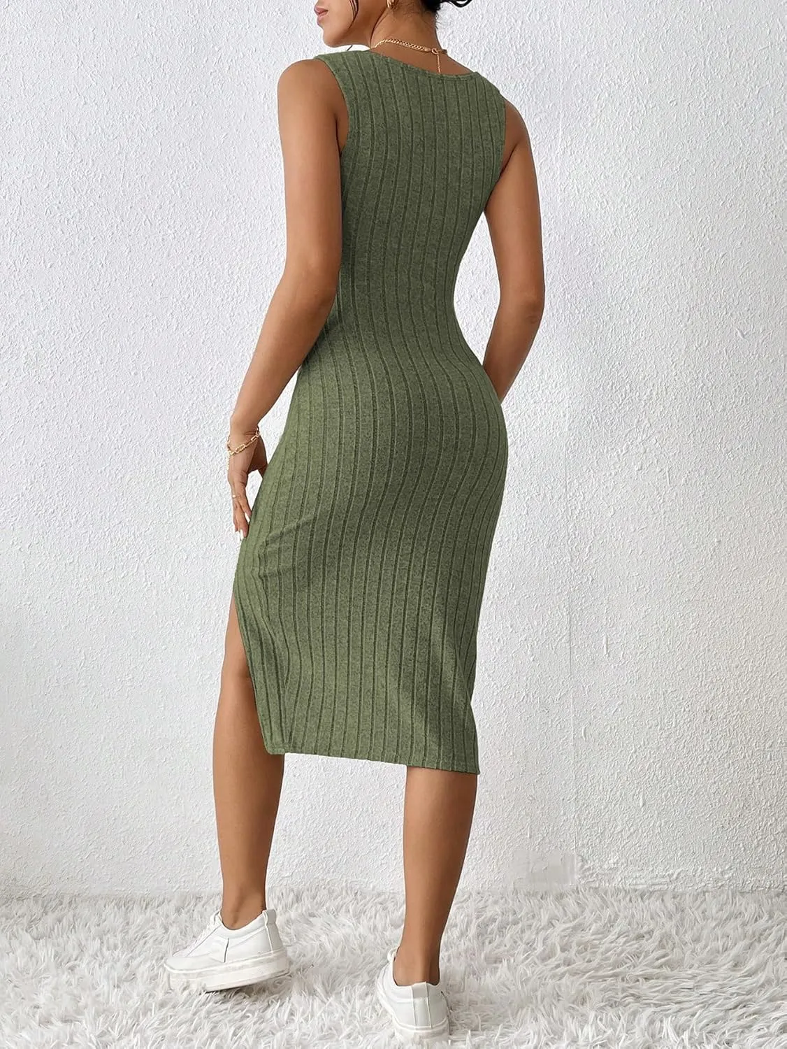 Womens Summer Tank Dress Casual Sleeveless Square Neck Dresses Bodycon Side Slit Sundress Midi Ribbed Sweater Dresses