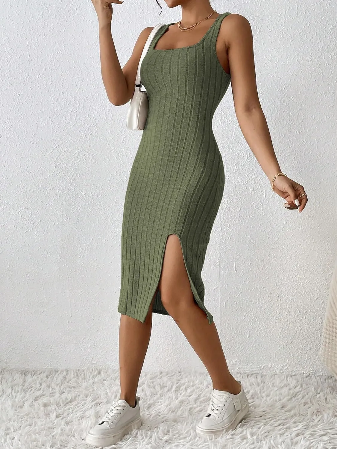 Womens Summer Tank Dress Casual Sleeveless Square Neck Dresses Bodycon Side Slit Sundress Midi Ribbed Sweater Dresses